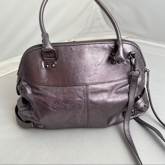 Elliot Lucca smooth metallic gunmetal gray satchel handbag - Picture 3 of 8